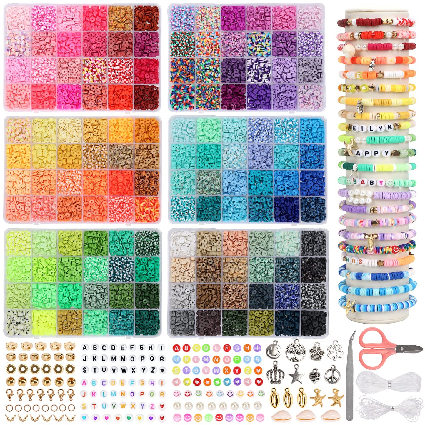 QUEFE 15000pcs, 144 Colors Clay Beads, Charm Bracelet Making kit for Girls 8-12, Polymer Heishi Beads for Jewelry, for Crafts Christmas Gifts