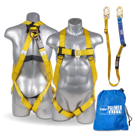 Palmer Safety Safety Harness w/Detachable 6 ft Lanyard I Single Leg Lanyard w/Internal Shock Absorbing & Snap Hook I OSHA/ANSI Fall Arrest Kit